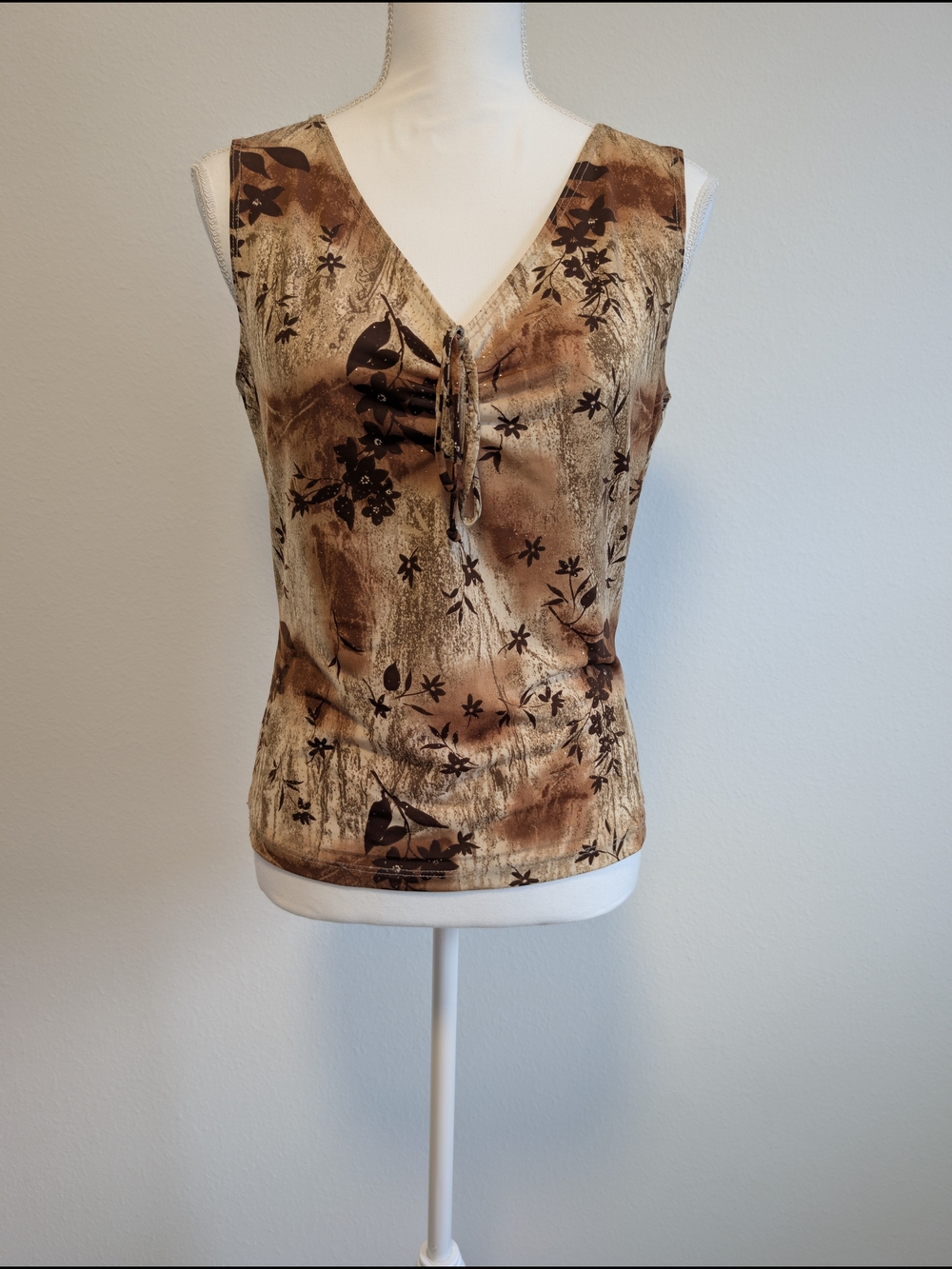Vtg 90s Y2K Floral Tank Top XL Brown Earthy Grunge Ruched V-Neck Sleeveless